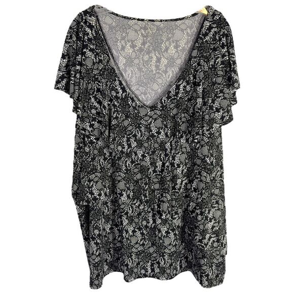 Cato Plus Size 26‎ 28 Top Black Ruffled Flutter Sleeve Faux Lace Print Knit 632 - Picture 1 of 7